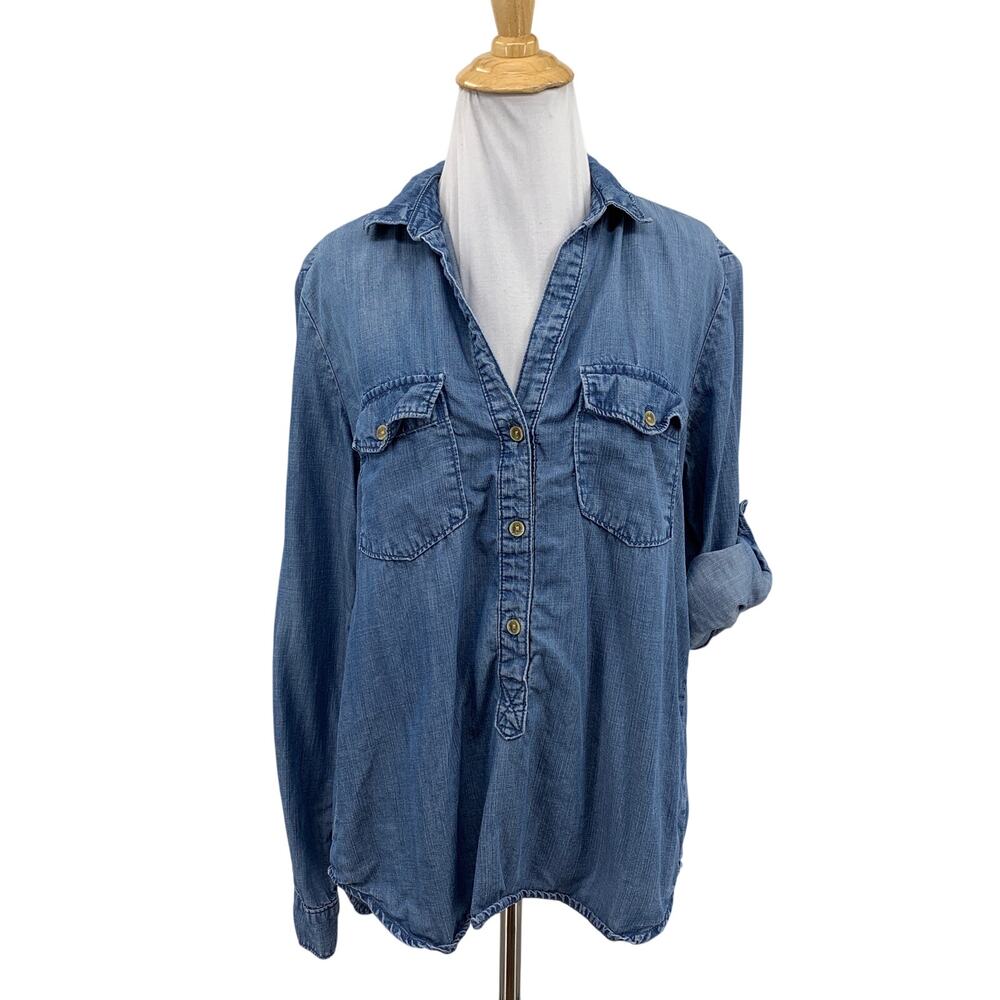 Cloth & Stone Shirt Women M Medium Chambray Tab Sleeve Johnny Collar Pocket Top